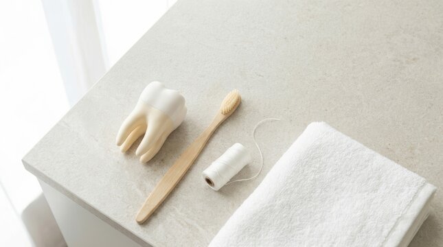 Dental care items with model tooth, bamboo toothbrush, and dental floss on white counter for oral hygiene