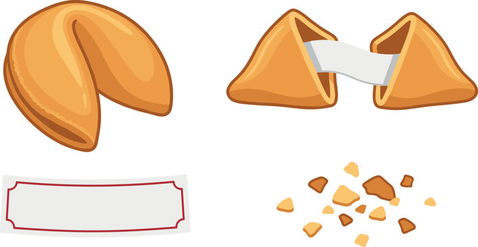 Fortune Cookies Set with Blank Paper Slip and Scattered Crumbs