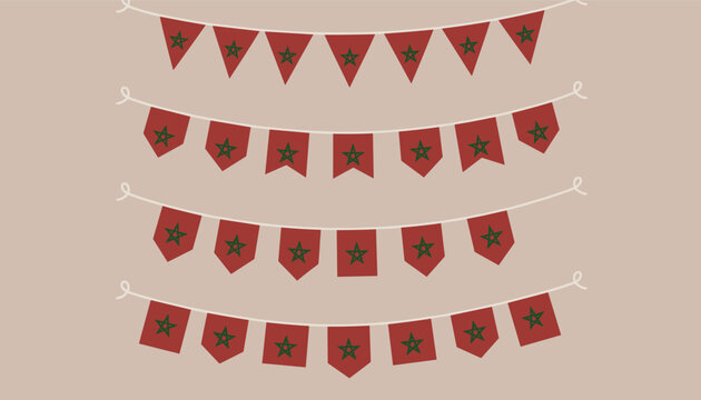 Decorative rows of Moroccan national flag bunting garlands with multiple red flags and green pentagrams on cream.