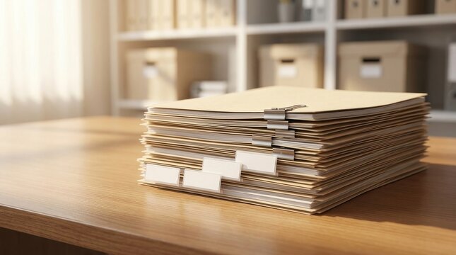 Stack of manila folders with clips and tabs on office desk