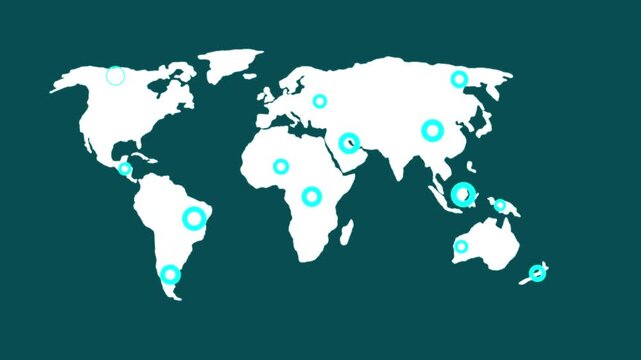 Professional digital world map animation featuring glowing pulse points across continents. Ideal for representing global business, logistics, international connectivity, and technology networks.