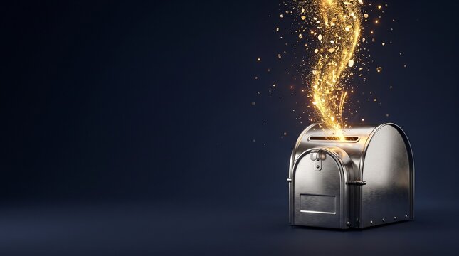 Polished steel mailbox emitting upward stream of glowing gold particles concept, elegant deep dark blue studio background for world post day celebration banner with copy space  