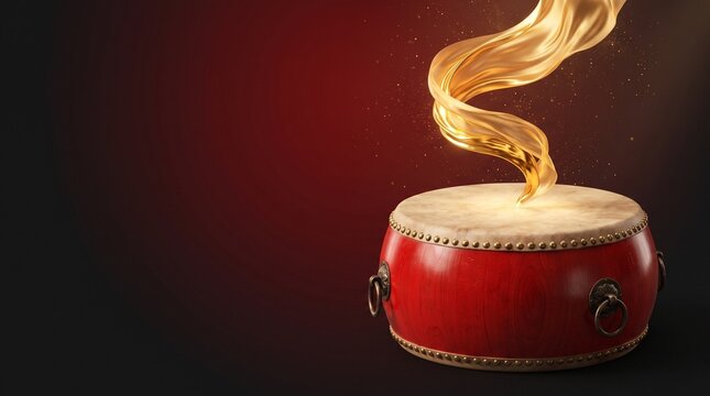 Traditional red Chinese drum with floating liquid glowing golden silk ribbon concept, elegant oriental luxury lunar new year celebration cultural festival studio gradient background with copy space