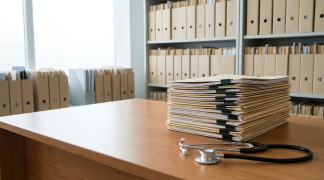 Stack of patient medical charts and stethoscope on wooden office desk