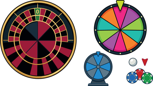 Roulette Wheels and Casino Chips Icon Set with Colorful Segments and Red Hearts