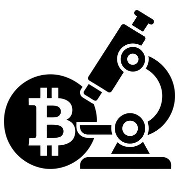 Microscope examining a bitcoin crypto currency coin symbol black vector illustration