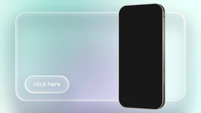 Sleek smartphone mockup stands on pastel glass background. Transparent mockup panel holds interactive click here button. Modern mockup offers perfect concept for app ui ux presentation.