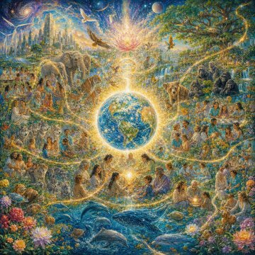 Vibrant Cosmic and Earth Connection: Universal Unity in a Mythical Landscape