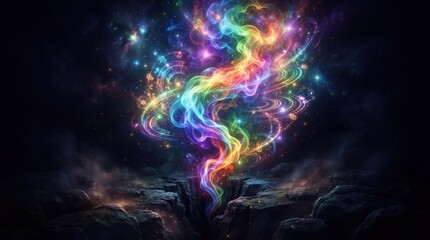 Fototapeta premium Colorful smoke plume rising from dark sky with vibrant hues