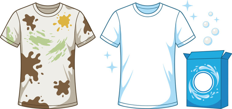 T-Shirts Before and After Washing, with Detergent Box Featuring T-Shirt