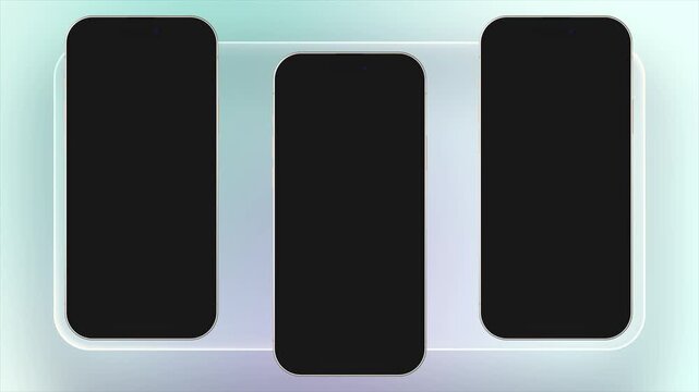 Three smartphone mockup units stand aligned on frosted panel. Linear mockup setup displays blank screens for web interface design. Multi device mockup serves clear concept for digital gallery preview