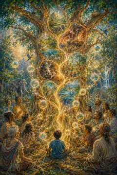 Mystical Tree of Wisdom with Sparkling Orbs and Enlightened People Gathering
