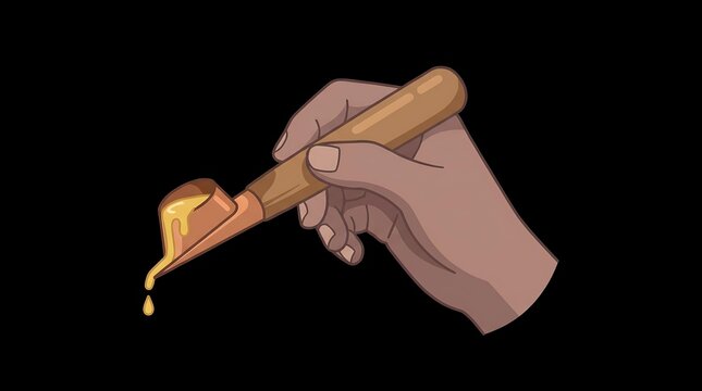 Hand holding traditional batik canting tool with hot wax.