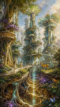 Enchanting fantasy landscape with floating islands lush greenery and mythical creatures