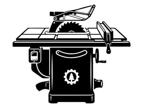 Industrial Cabinet Table Saw Machine Silhouette, Heavy Duty Woodworking Equipment Icon, Vector Factory Graphic