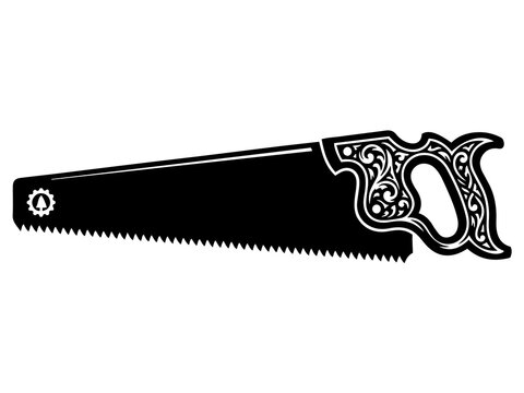 Vintage Hand Saw Filigree Silhouette, Ornate Carpentry Woodworking Handtool Icon, Vector Craft Stencil