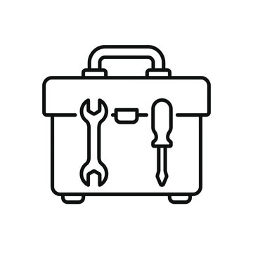 Simple outline icon of a tool box with a wrench and screwdriver for repair and maintenance services
