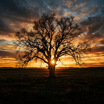 Majestic leafless oak tree silhouette standing against vibrant orange sunset sky with dramatic starburst lens flare