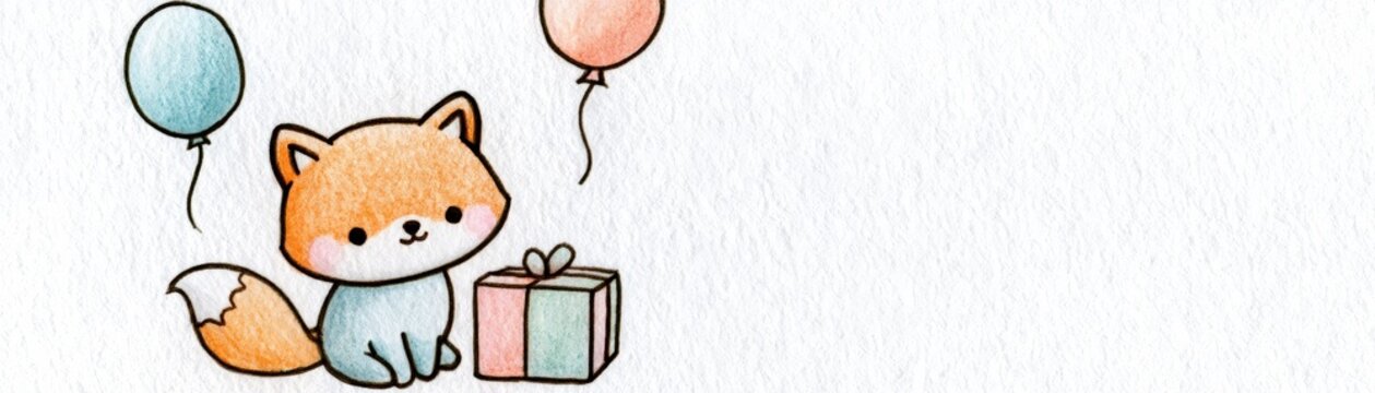 Cute watercolor illustration of a small fox sitting next to a gift box with two floating balloons overhead, hand drawn kid friendly background