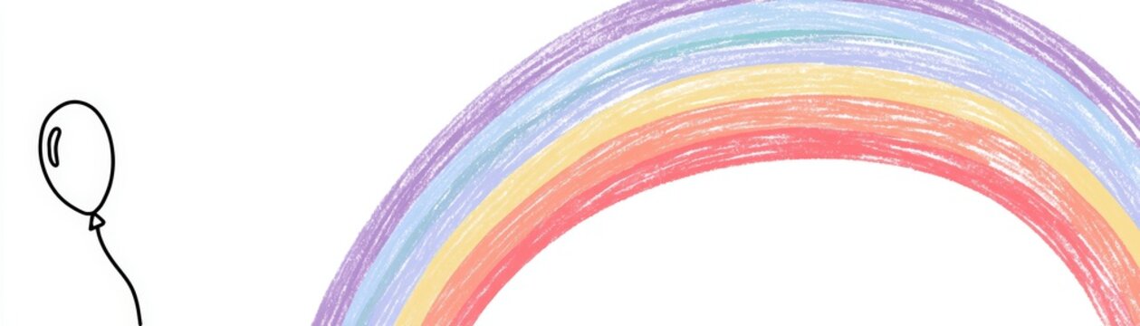 A simple, hand-drawn rainbow with six colored arcs and a single balloon floating to the left on a white background, hand drawn kid friendly background