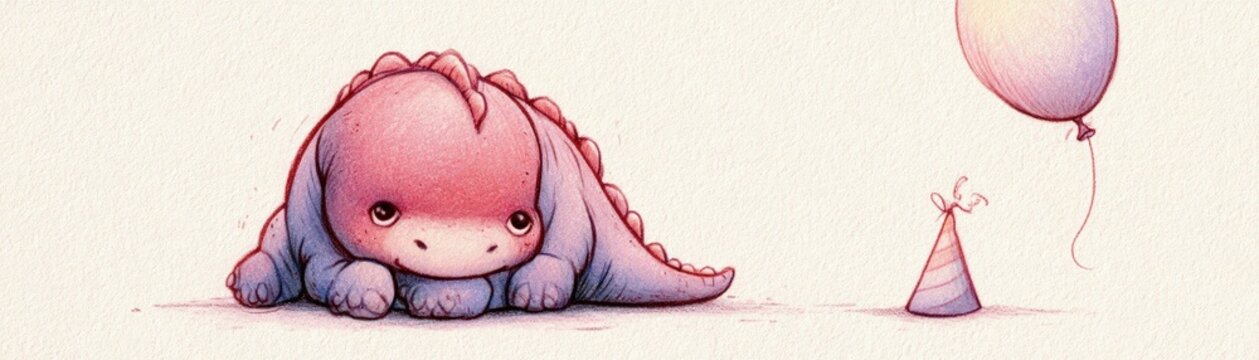 A cute, pink dinosaur with a party hat and balloon lies on a textured surface, evoking a whimsical and gentle mood, hand drawn kid friendly background
