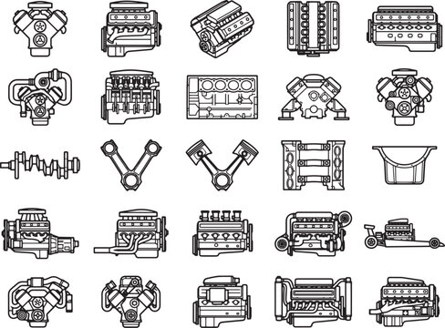 A collection of detailed line art illustrations showcasing various internal combustion engines and their components, presented in a grid format.
