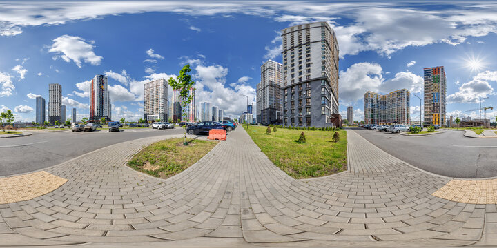 hdri 360 panorama near new skyscrapers and residential complex in full equirectangular seamless spherical projection