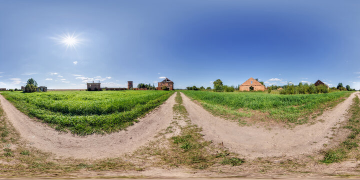 full seamless spherical hdri panorama 360 degrees angle view near abandoned ruined factory hangar and building in equirectangular projection, VR AR virtual reality content.