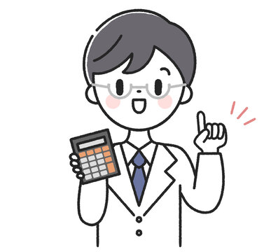 電卓を持った指差しポーズの男性医師