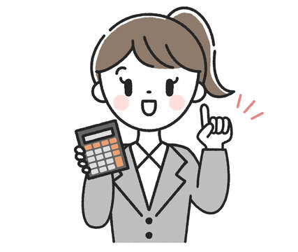 電卓を持った指差しポーズの女性社員