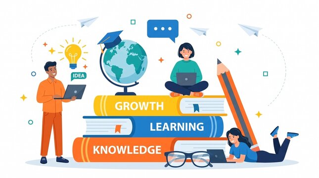 People studying and working with books and laptops in a modern educational learning environment with Young people study interact large books laptops digital learning concept illustration books globe
