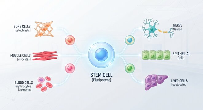 Pluripotent stem cell differentiation into various human cell types infographic vector illustration