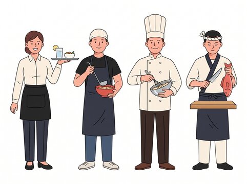 Culinary Professionals Displayed, Diverse Kitchen Staff Illustration. Food Service Concept, Culinary Arts Design