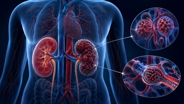 Human Kidney Anatomy Illustration Showing Healthy vs Diseased Renal System with Microscopic Detail
