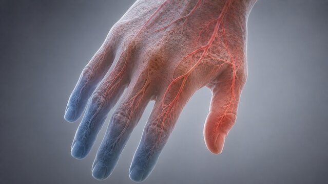 Anatomical 3D Illustration of Human Hand Showing Blood Circulation, Vascular Network, and Raynaud's Disease Symptoms