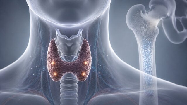 3D Medical Illustration of Human Thyroid and Parathyroid Glands Showing Bone Calcium Regulation Connection