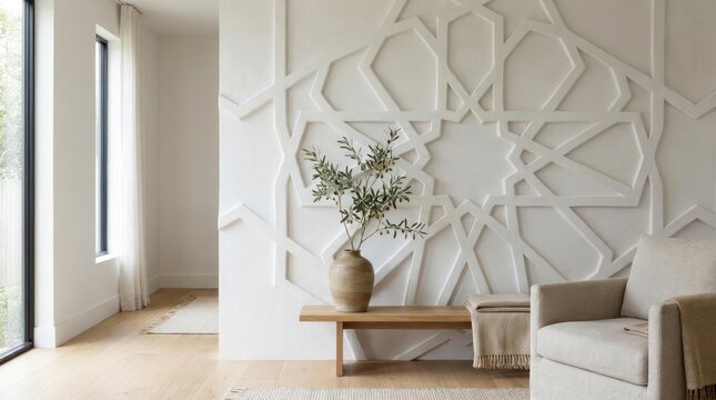 Modern living room with geometric Islamic wall art.