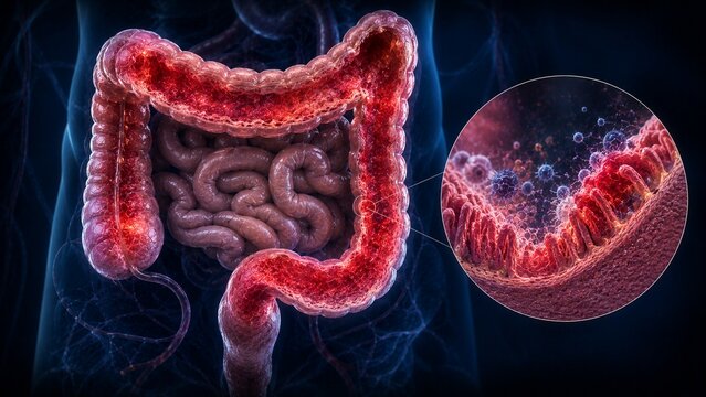 3D Medical Illustration of Human Colon and Digestive System with Microscopic View of Gut Bacteria and Inflammation