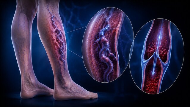 3D Medical Illustration of Varicose Veins on Human Legs with Detailed Zoom of Venous Valve and Blood Flow