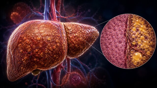 3D Medical Illustration of Human Liver Disease with Microscopic View of Healthy and Fatty Cells