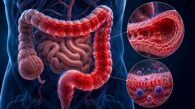 3D Medical Illustration of Inflamed Human Colon with Microscopic View of Viruses and Intestinal Tissue Damage