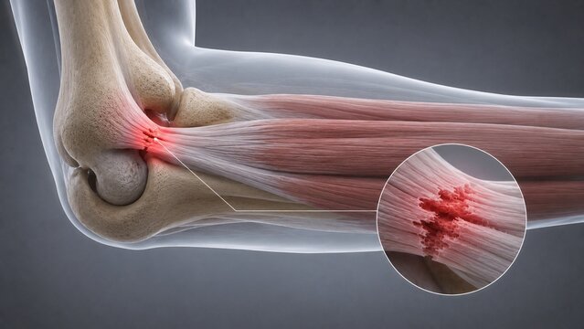 3D Medical Illustration of Tennis Elbow Lateral Epicondylitis Showing Tendon Tear and Tissue Inflammation Detail