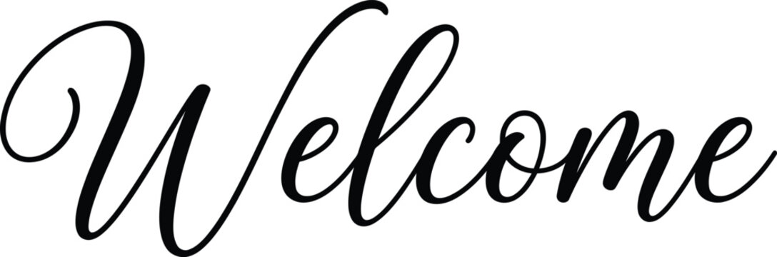 Elegant black cursive calligraphy word welcome isolated on a clean white background for wedding invitations or home decor projects