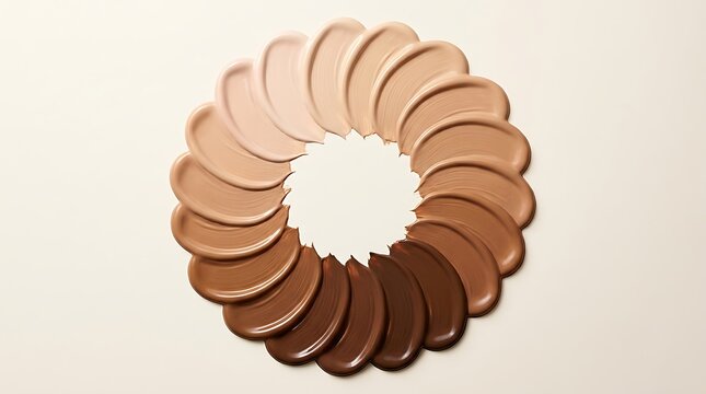 Circle of liquid makeup foundation smears showing a variety of skin tones and shades for beauty products. foundation tone guide