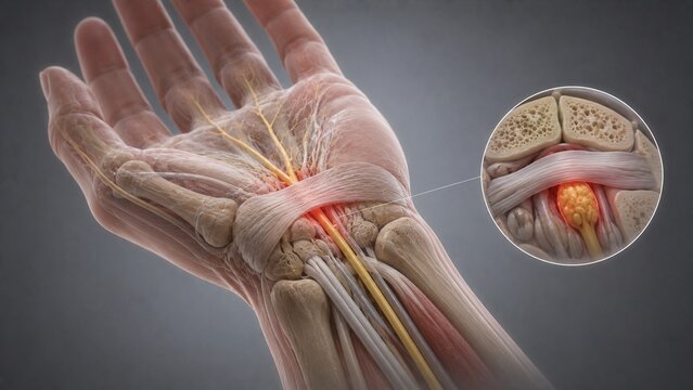 3D Medical Illustration of Carpal Tunnel Syndrome: Detailed Hand Anatomy Showing Median Nerve Compression and Pain