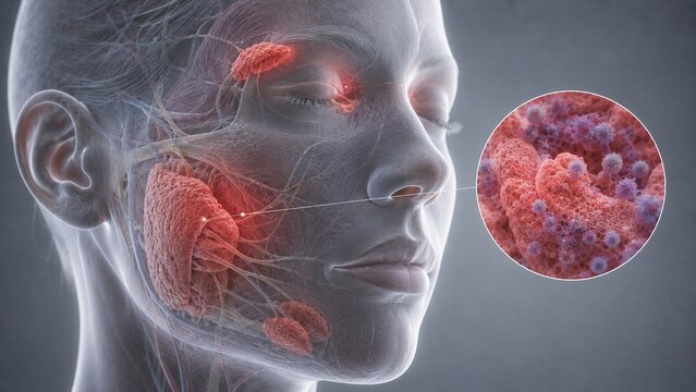 3D Medical Illustration of Salivary Glands Inflammation and Microscopic Cellular Analysis in a Human Face