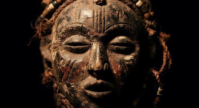 Close up of an antique traditional African tribal wooden mask with beads and raffia