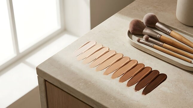 Cosmetic foundation makeup swatches in different skin tones with professional brushes on a grey table. foundation tone guide