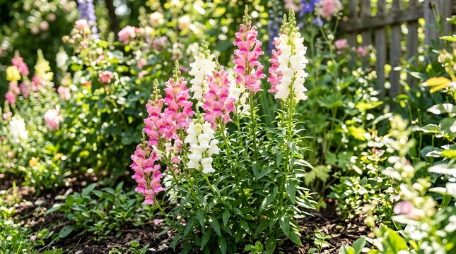 Colorful snapdragon flowers blooming in a sunny garden bed.