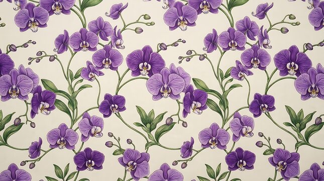 Seamless pattern with purple orchid flowers